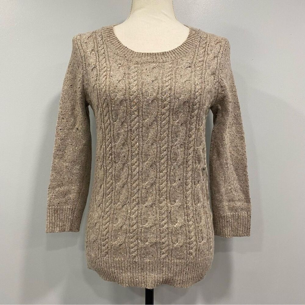 J. CREW XS Beige Lambswool Blend Cable Knit Pullover Fisherman Preppy Sweater